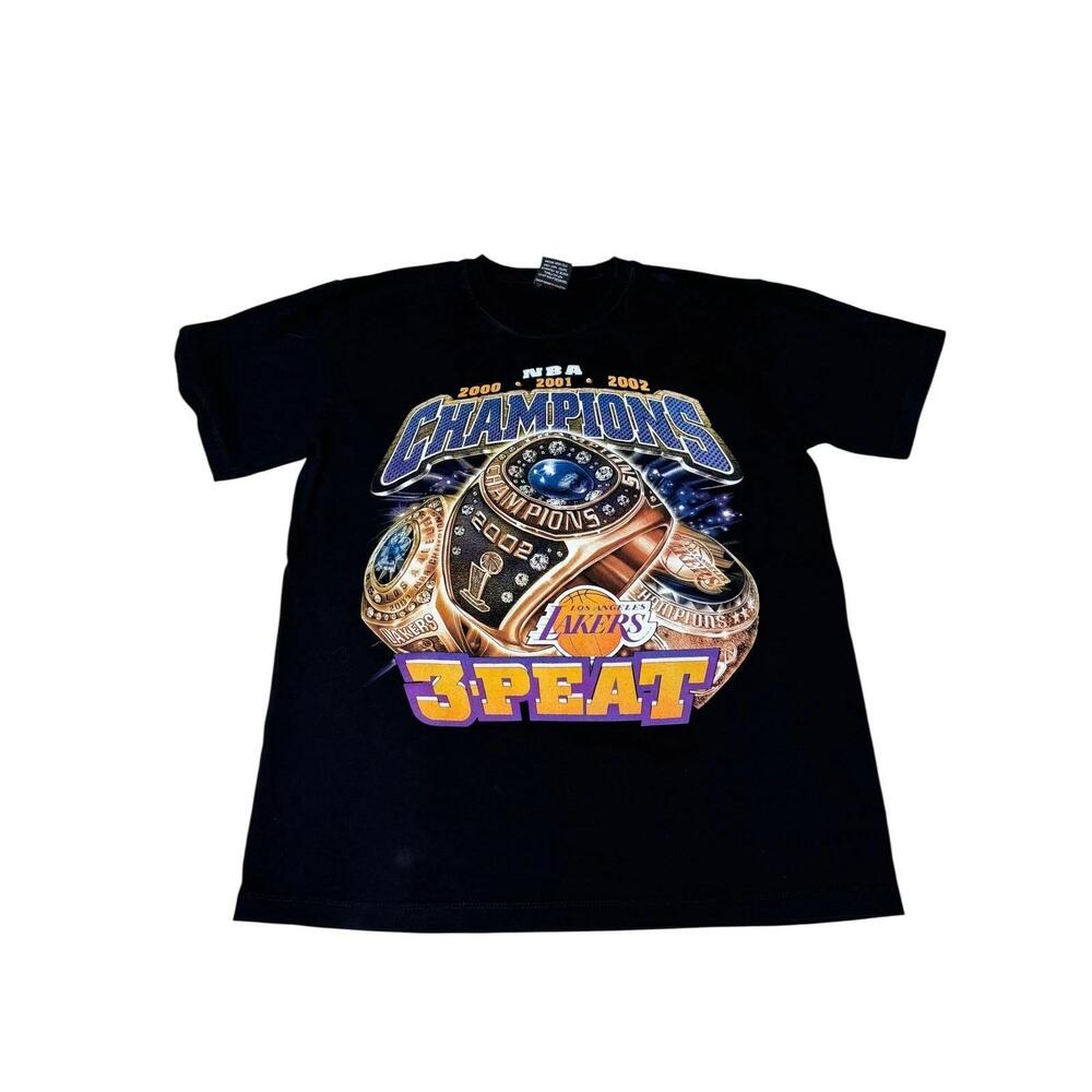 Vtg Nba Lakers 2000 2001 2002 Champions 3 Peat Black Graphic Tee Mens Large